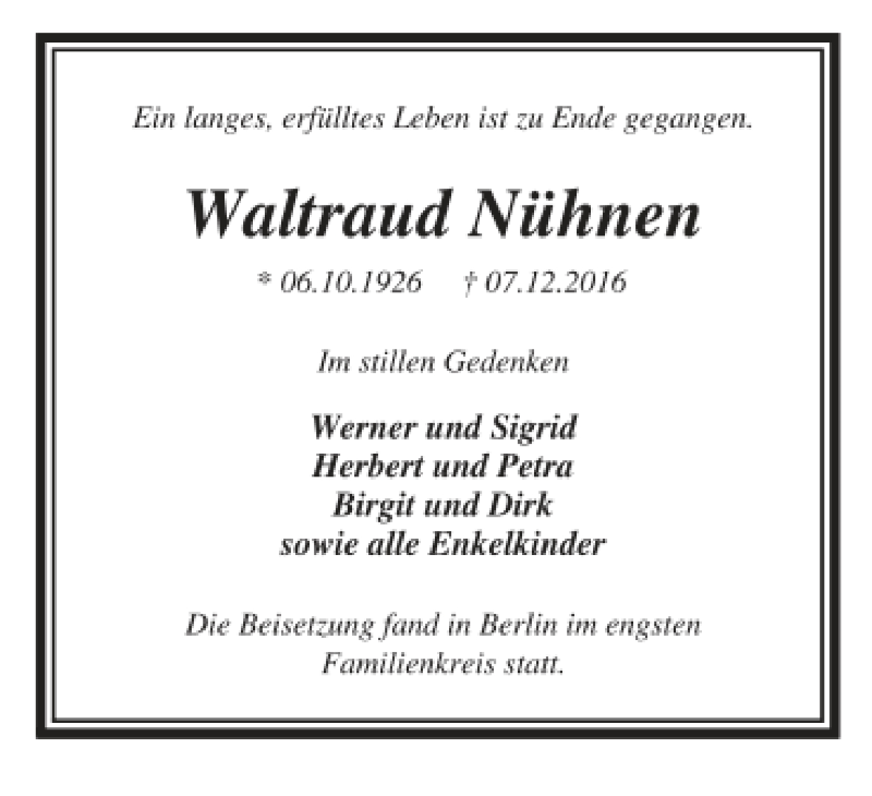  Traueranzeige für Waltraud Nühnen vom 04.02.2017 aus Tageszeitung