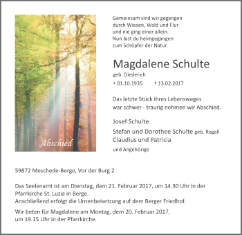Traueranzeige von Magdalene Schulte von Tageszeitung