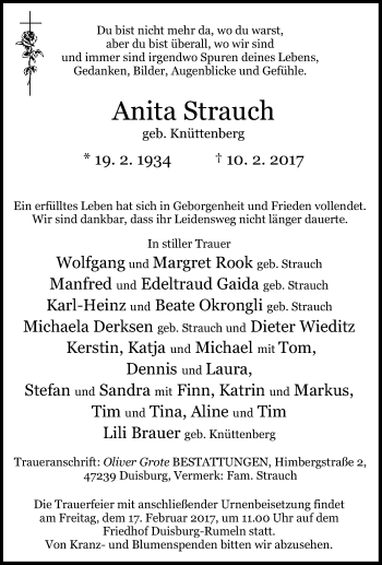 Traueranzeige von Anita Strauch von Tageszeitung