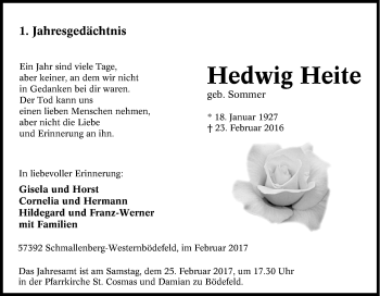 Traueranzeige von Hedwig Heite von Tageszeitung