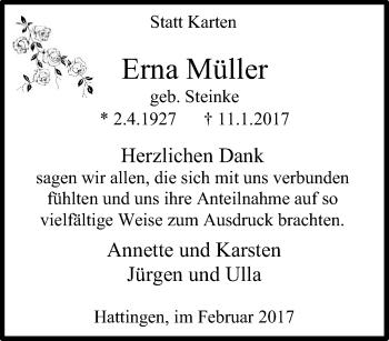Traueranzeige von Erna Müller von Tageszeitung