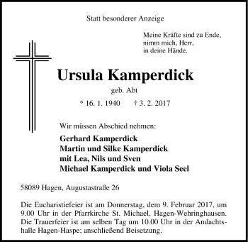 Traueranzeige von Ursula Kamperdick von Tageszeitung