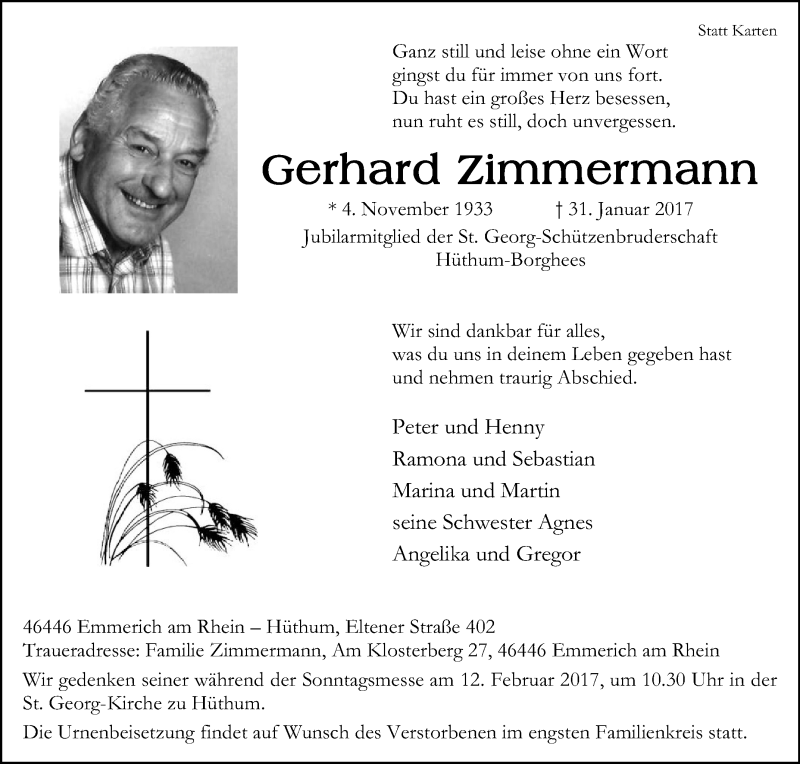  Traueranzeige für Gerhard Zimmermann vom 08.02.2017 aus Tageszeitung