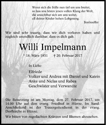 Traueranzeige von Willi Impelmann von Tageszeitung