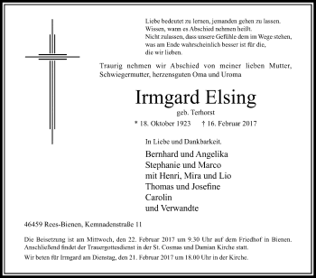 Traueranzeige von Irmgard Elsing von Tageszeitung