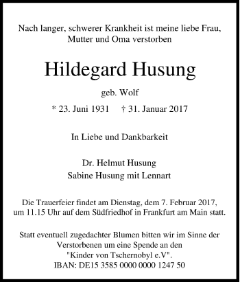 Traueranzeige von Hildegard Husung von Tageszeitung