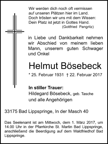 Traueranzeige von Helmut Bösebeck von Tageszeitung