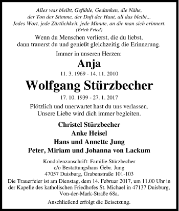 Traueranzeige von Wolfgang  Stürzbecher von Tageszeitung