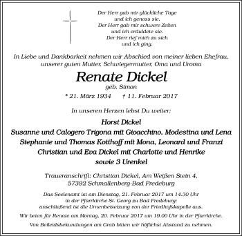 Traueranzeige von Renate Dickel von Tageszeitung
