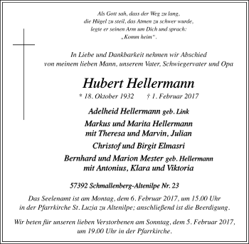 Traueranzeige von Hubert Hellermann von Tageszeitung
