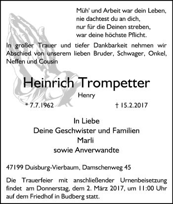 Traueranzeige von Heinrich Trompetter von Tageszeitung