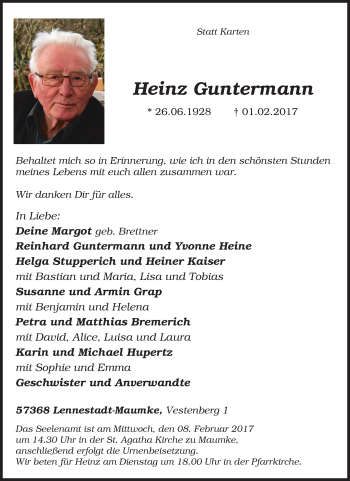 Traueranzeige von Heinz Guntermann von Tageszeitung