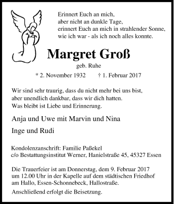 Traueranzeige von Margret Groß von Tageszeitung