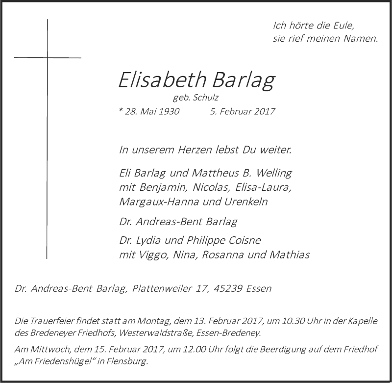  Traueranzeige für Elisabeth Barlag vom 09.02.2017 aus Tageszeitung