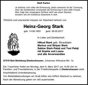 Traueranzeige von Heinz-Georg Stark von Tageszeitung