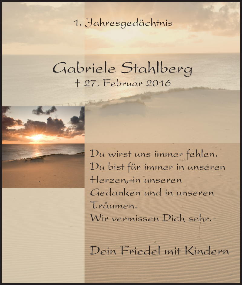  Traueranzeige für Gabriele Stahlberg vom 27.02.2017 aus Tageszeitung