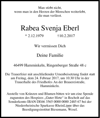 Traueranzeige von Rabea Svenja Eberl von Tageszeitung