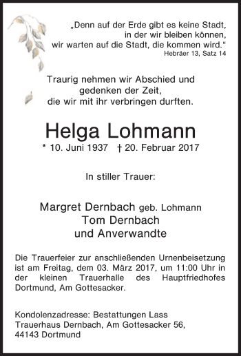 Traueranzeige von Helga Lohmann von Tageszeitung