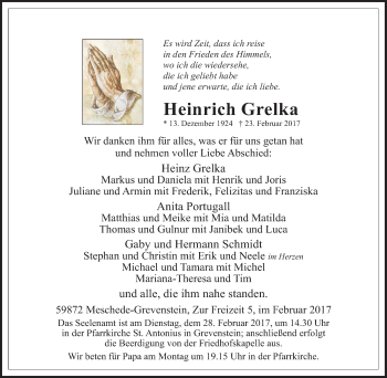 Traueranzeige von Heinrich Grelka von Tageszeitung