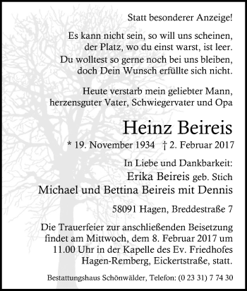 Traueranzeige von Heinz Beireis von Tageszeitung