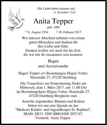 Traueranzeige von Anita Tepper von Tageszeitung