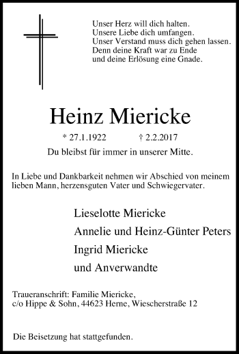 Traueranzeige von Heinz Miericke von Tageszeitung