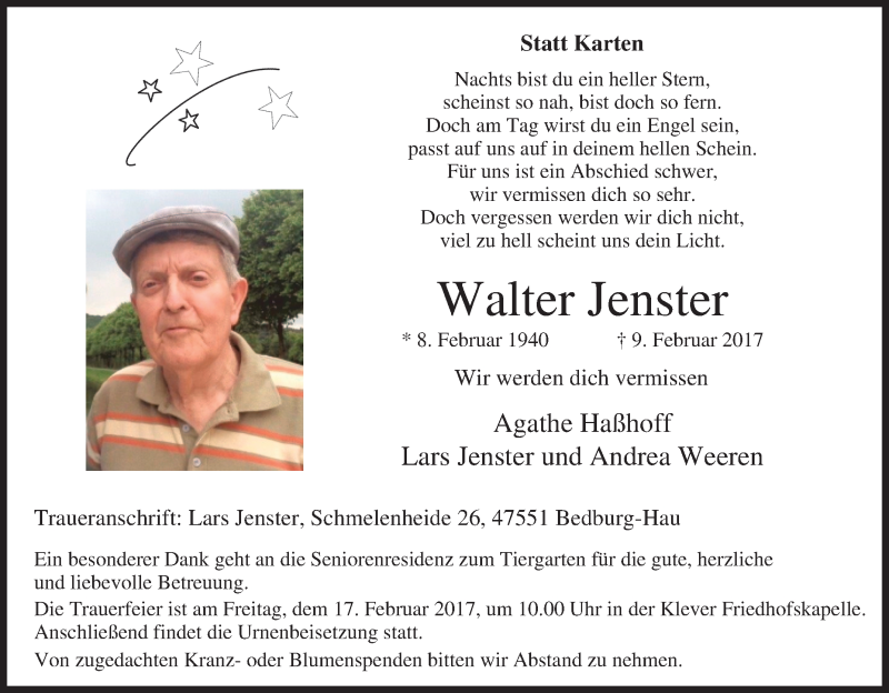  Traueranzeige für Walter Jenster vom 14.02.2017 aus Tageszeitung