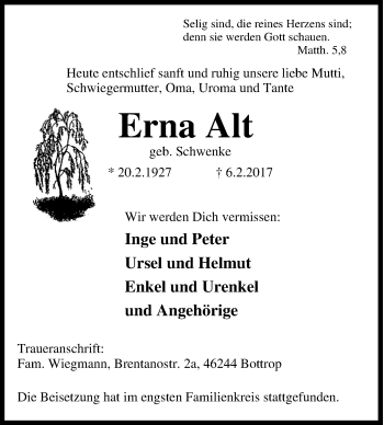 Traueranzeige von Erna Alt von Tageszeitung