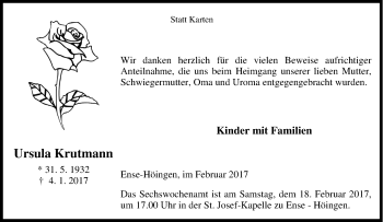 Traueranzeige von Ursula Krutmann von Tageszeitung