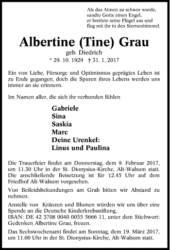 Traueranzeige von Albertine Grau von Tageszeitung