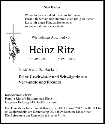 Traueranzeige von Heinz Ritz von Tageszeitung