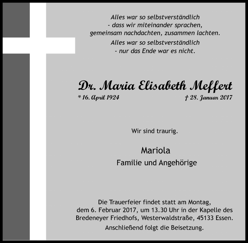  Traueranzeige für Maria Elisabeth Meffert vom 04.02.2017 aus Tageszeitung