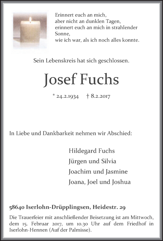  Traueranzeige für Josef Fuchs vom 11.02.2017 aus Tageszeitung