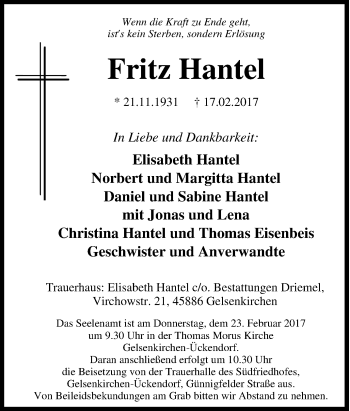 Traueranzeige von Fritz Hantel von Tageszeitung