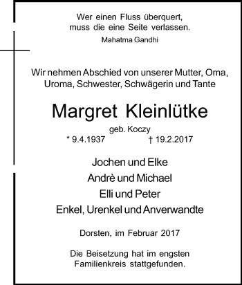 Traueranzeige von Margret Kleinlütke von Tageszeitung
