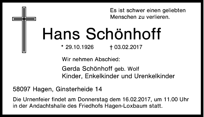  Traueranzeige für Hans Schönhoff vom 14.02.2017 aus Tageszeitung