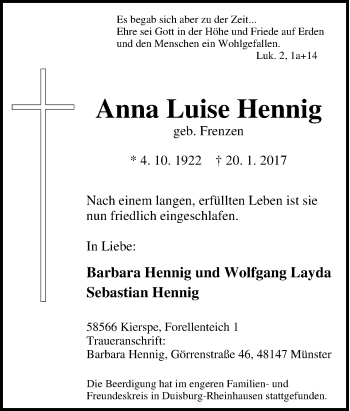 Traueranzeige von Anna Luise  Hennig  von Tageszeitung