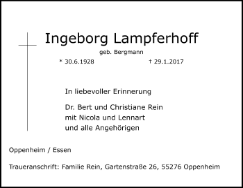 Traueranzeige von Ingeborg Lampferhoff von Tageszeitung