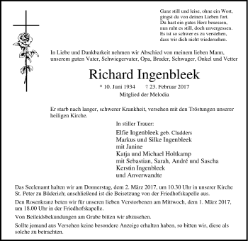 Traueranzeige von Richard Ingenbleek von Tageszeitung