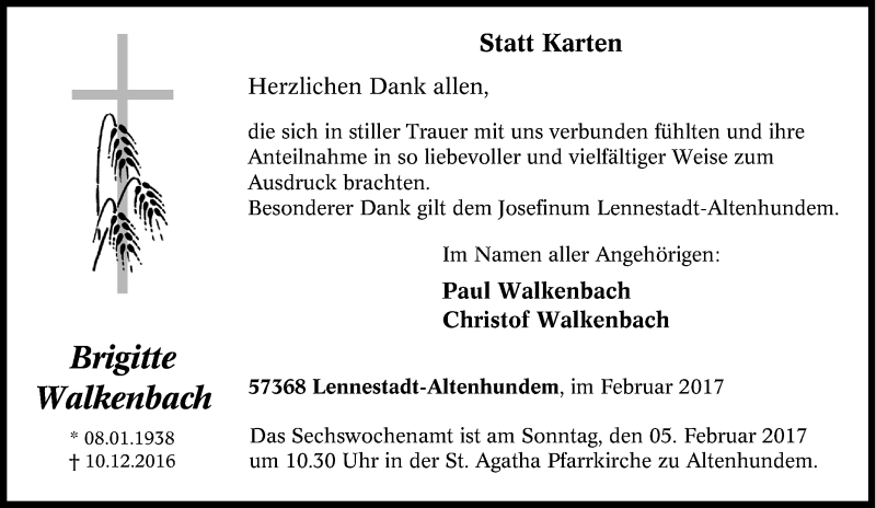  Traueranzeige für Brigitte Walkenbach vom 01.02.2017 aus Tageszeitung