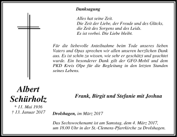 Traueranzeige von Albert Schürholz von Tageszeitung