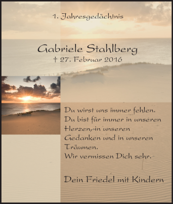 Traueranzeige von Gabriele Stahlberg von Tageszeitung