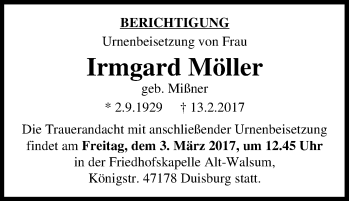 Traueranzeige von Irmgard Möller von Tageszeitung