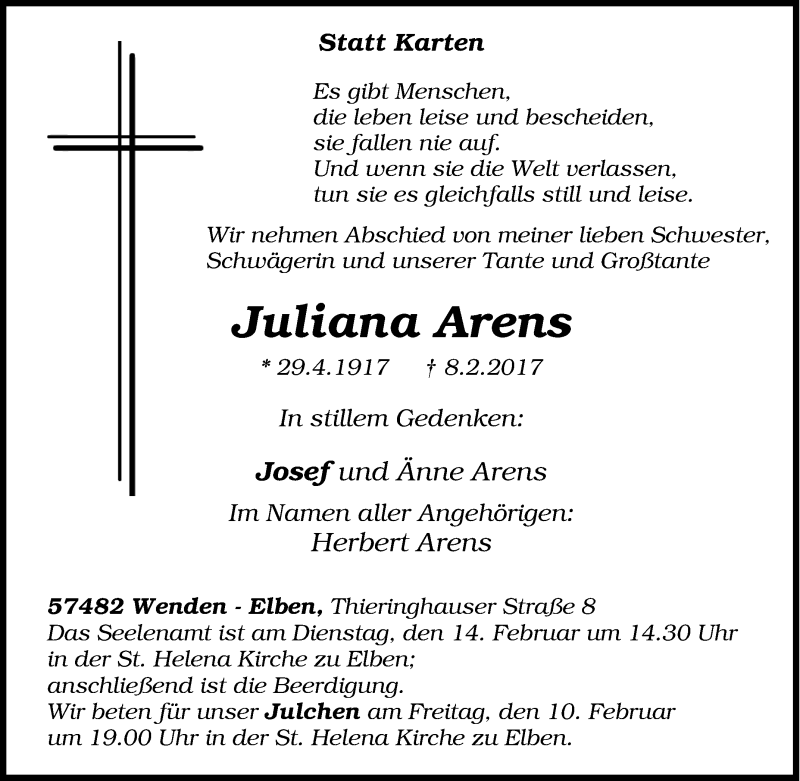  Traueranzeige für Juliana Arens vom 10.02.2017 aus Tageszeitung