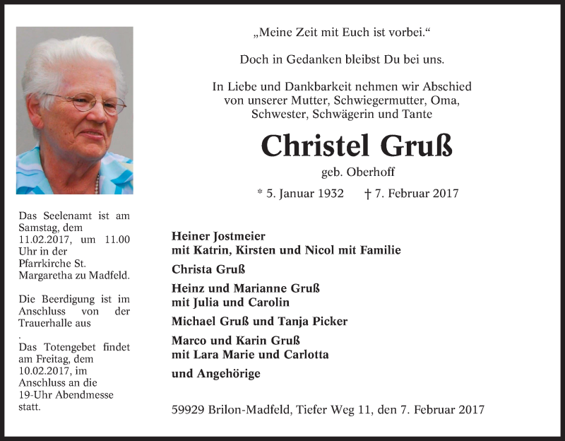 Traueranzeigen von Christel Gruß | Trauer-in-NRW.de