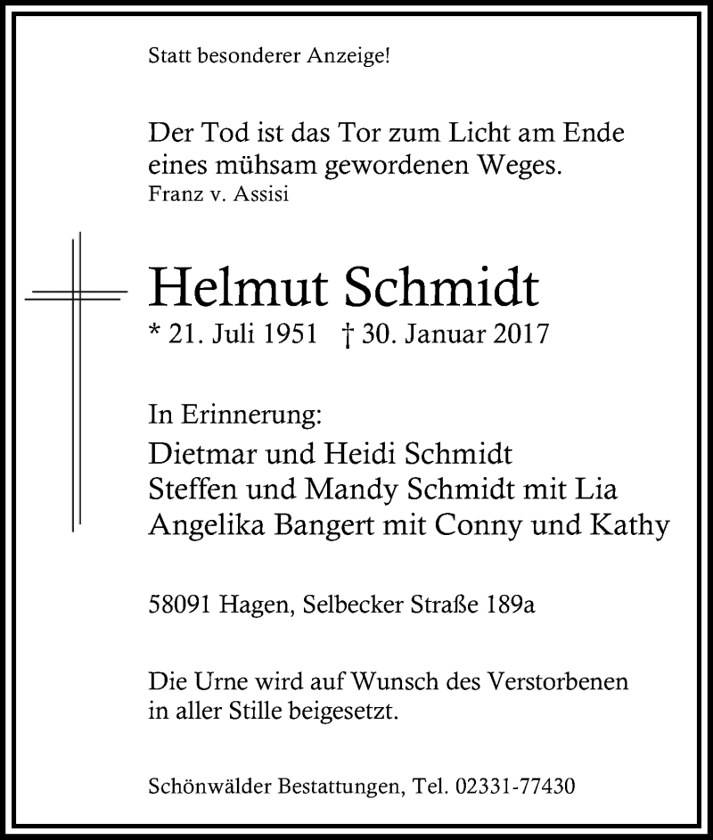  Traueranzeige für Helmut Schmidt vom 02.02.2017 aus Tageszeitung