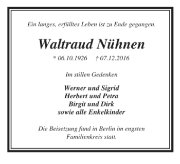 Traueranzeige von Waltraud Nühnen von Tageszeitung