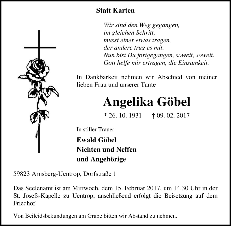  Traueranzeige für Angelika Göbel vom 13.02.2017 aus Tageszeitung
