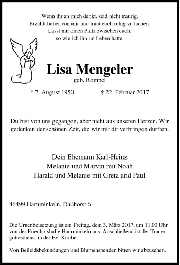 Traueranzeige von Lisa Mengeler von Tageszeitung