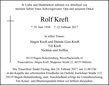 Traueranzeige von Rolf Kreft von Tageszeitung